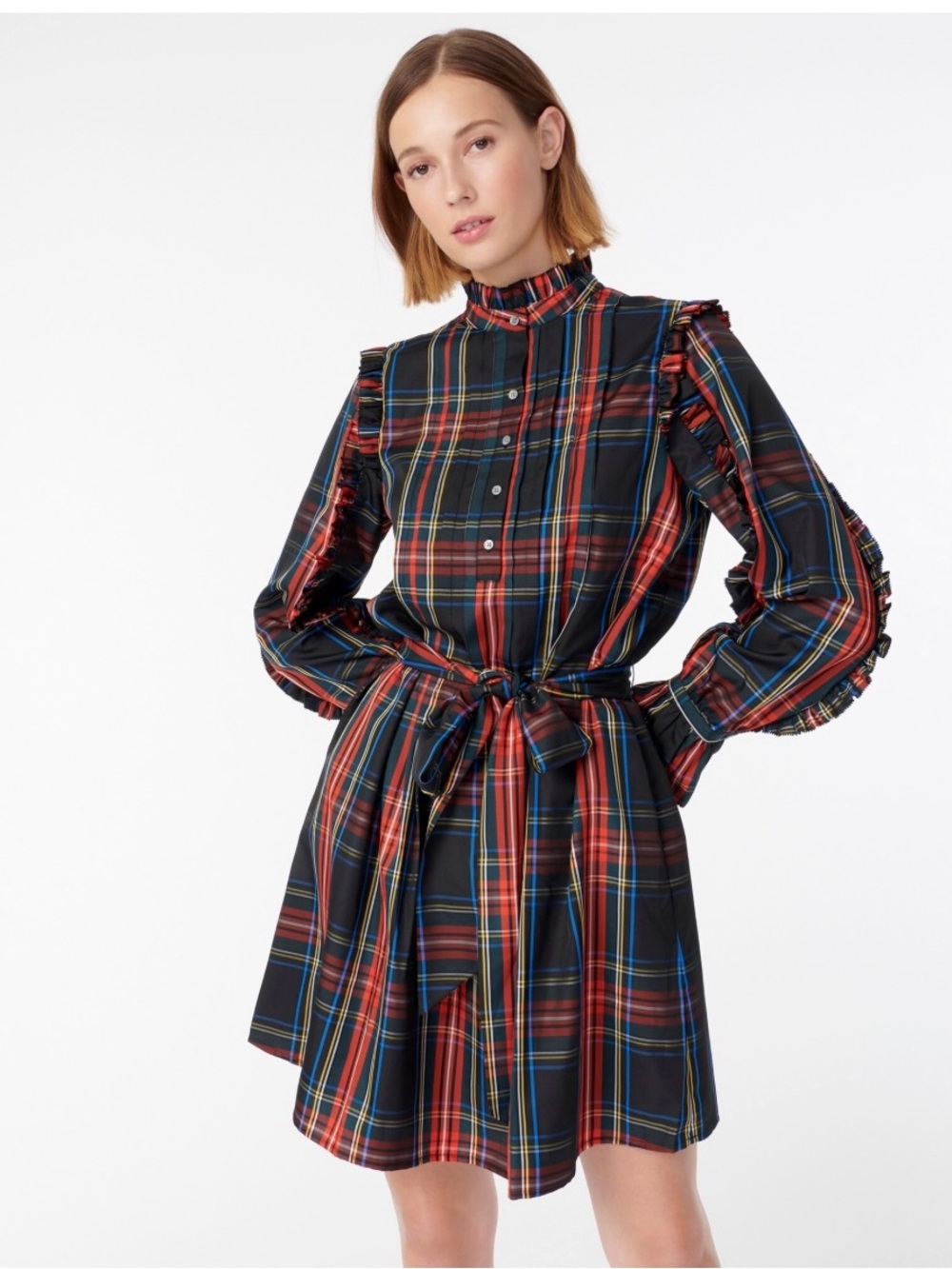J Crew NEW Stewart Tartan Plaid Belted Ruffled Popover Dress Holiday Womens S